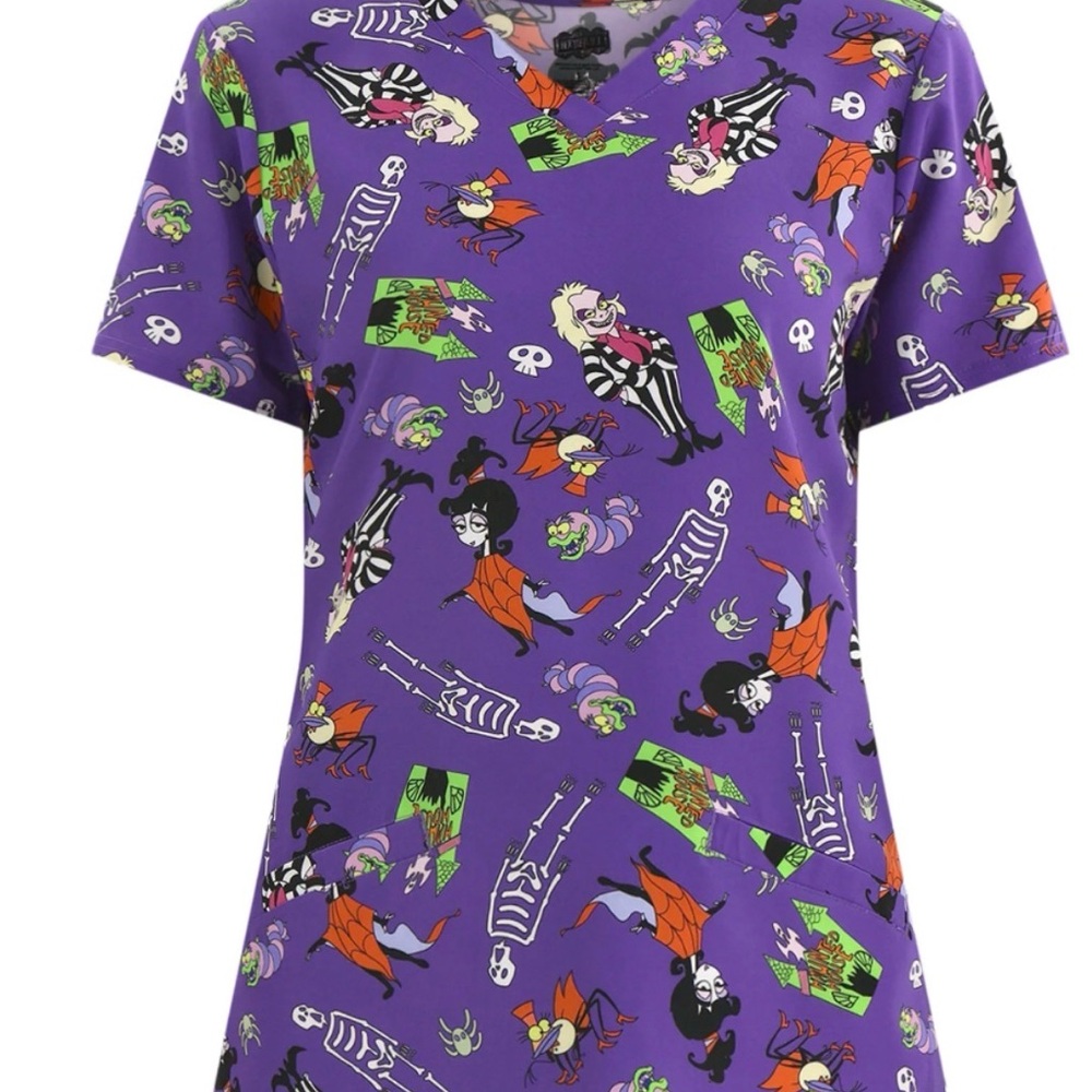 Beetlejuice Women's Graphic Scrub Top, 2 Pockets Size 3XL New